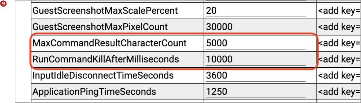 これらのデフォルト値は、Web.Config設定から変更することができます。（下図❾）前者は、MaxCommandResultCharacterCount、後者は、RunCommandKillAfterMillisecondsにより制御されています。